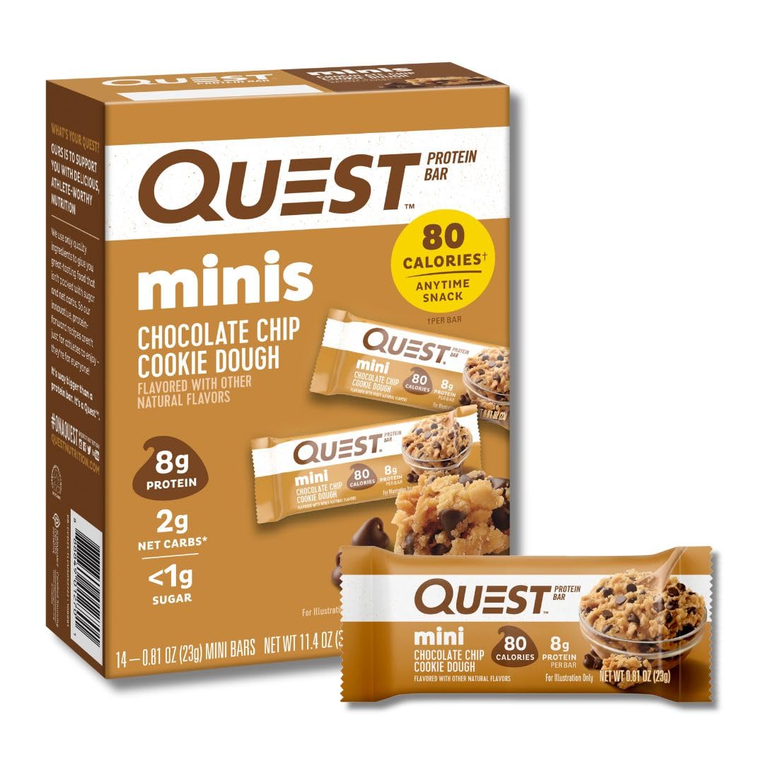 Quest mini frontal del paquete mostrando sabor cookie dough y conveniencia