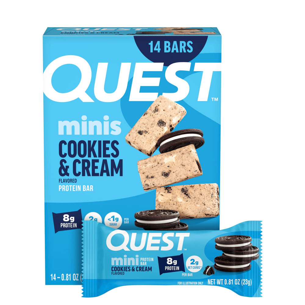 Quest Mini Cookies front packaging mostrando contenido y conveniencia
