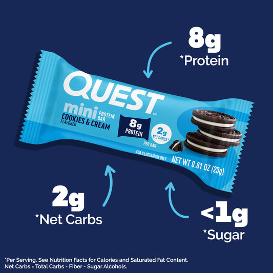 Quest Mini Cookies textura cercana con trozos de galleta, rica indulgencia
