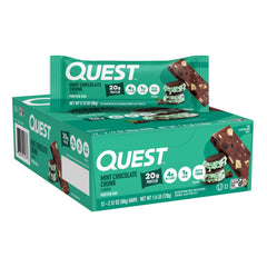 Quest empaque frontal mostrando 12 barritas y beneficios nutricionales