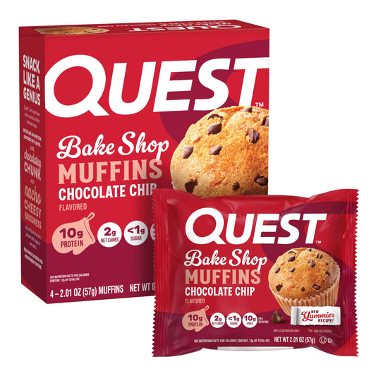 Quest muffin empaque frontal mostrando diseño y beneficio proteico