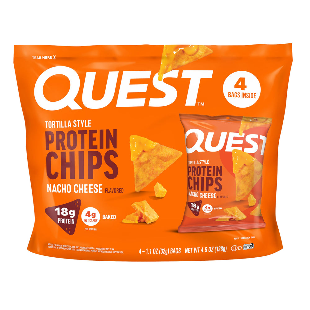 Quest chips nacho cheese frente del paquete mostrando porción y marca como snack proteico