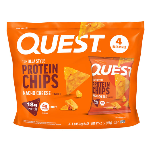 Quest chips nacho cheese frente del paquete mostrando porción y marca como snack proteico