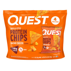 Quest chips nacho cheese frente del paquete mostrando porción y marca como snack proteico
