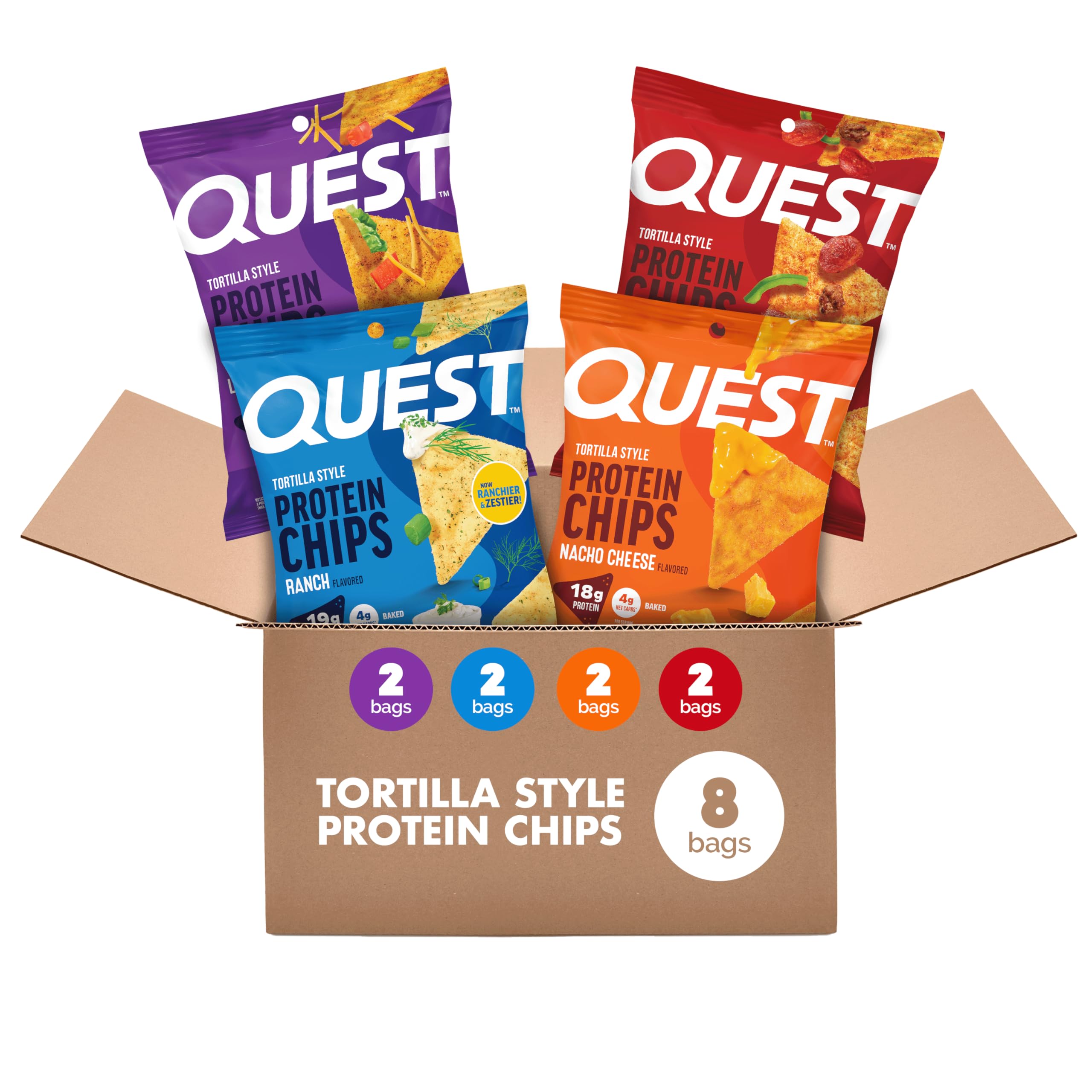 Quest pack frontal de ocho bolsas individuales mostrando variedad de sabores y conveniencia