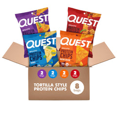 Quest pack frontal de ocho bolsas individuales mostrando variedad de sabores y conveniencia