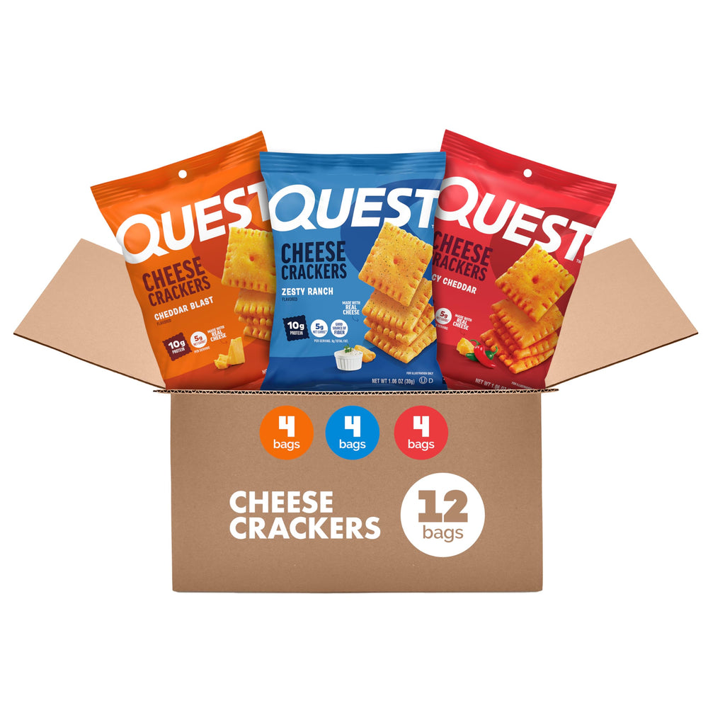 Quest pack frontal mostrando los cuatro sabores y presentación portátil
