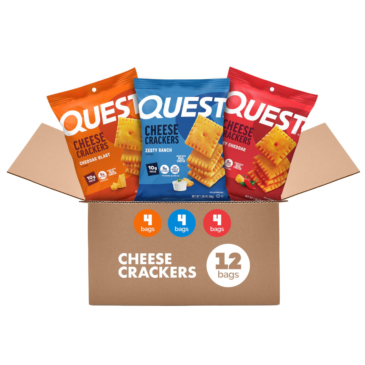 Quest pack frontal mostrando los cuatro sabores y presentación portátil