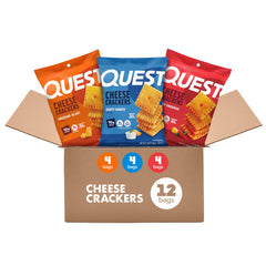 Quest pack frontal mostrando los cuatro sabores y presentación portátil