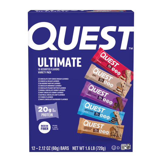 Quest pack frontal mostrando caja y barras variadas, conveniencia inmediata