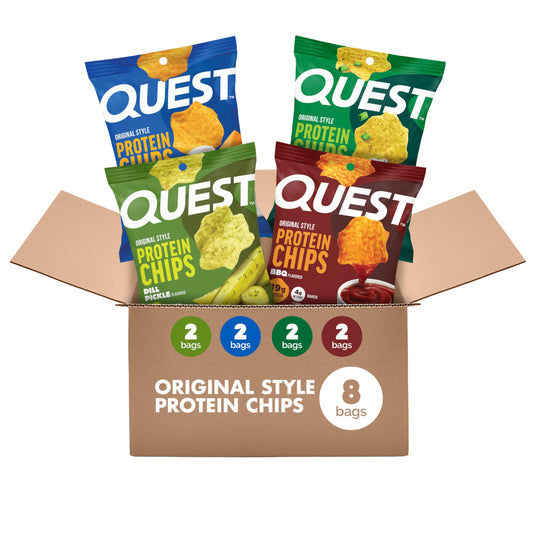 Quest vista frontal del paquete con cuatro sabores, práctica y portátil