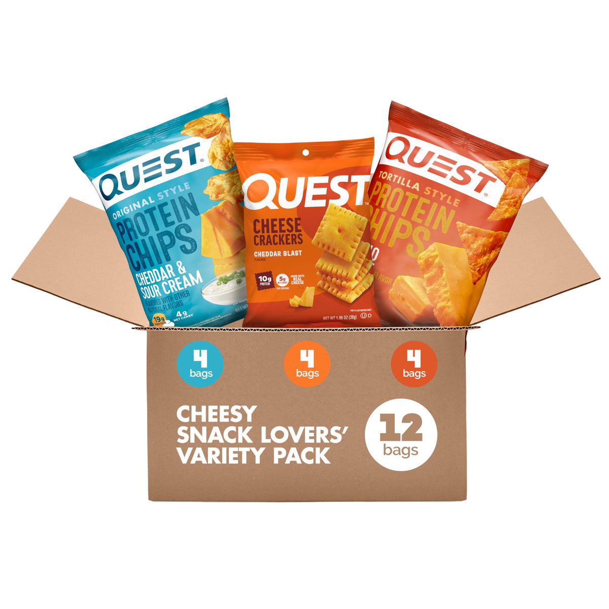 Quest caja Cheese Lovers al frente mostrando variedad de sabores y conveniencia