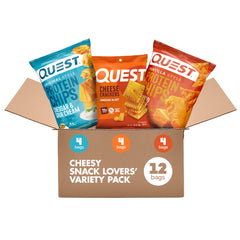 Quest caja Cheese Lovers al frente mostrando variedad de sabores y conveniencia