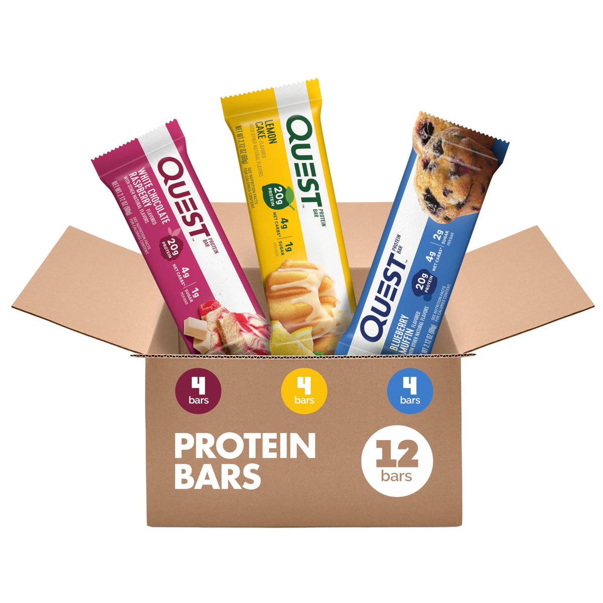 Quest packaging frontal mostrando caja surtida y conveniencia para llevar