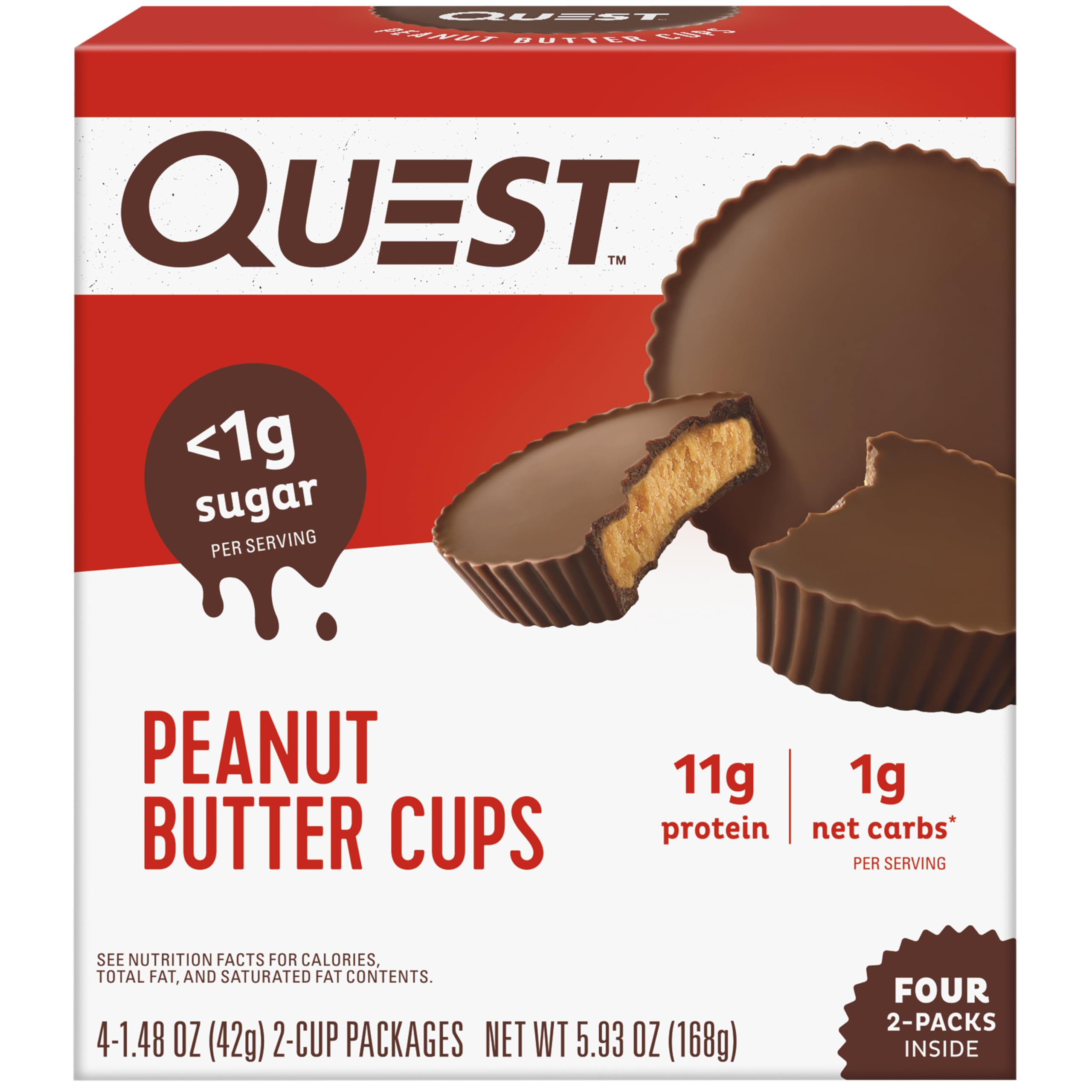 Quest cup frontal del paquete mostrando cuatro envoltorios y beneficio portabilidad