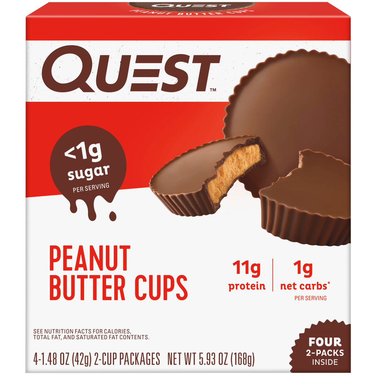 Quest cup frontal del paquete mostrando cuatro envoltorios y beneficio portabilidad