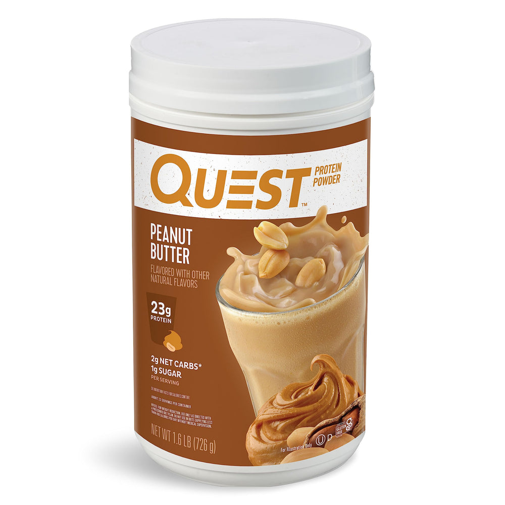 Quest envase frontal mostrando sabor mantequilla de maní y aporte proteico