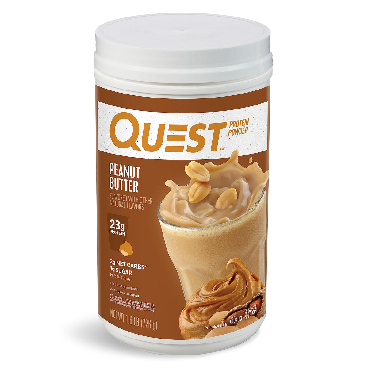 Quest envase frontal mostrando sabor mantequilla de maní y aporte proteico