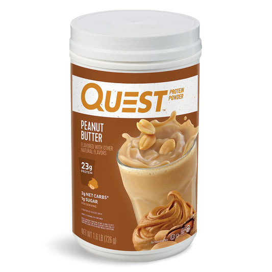Quest envase frontal mostrando sabor mantequilla de maní y aporte proteico