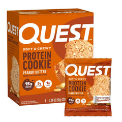 Quest galleta frontal en caja mostrando 4 unidades y conveniencia