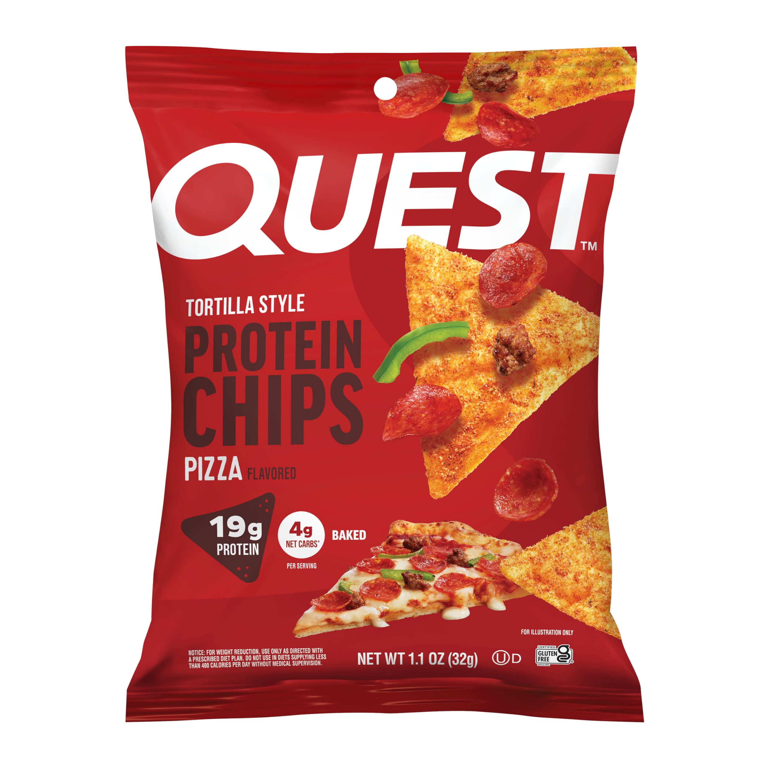 Quest empaque frontal mostrando sabor pizza y información nutricional clara