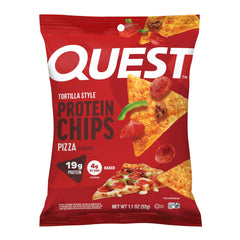 Quest empaque frontal mostrando sabor pizza y información nutricional clara