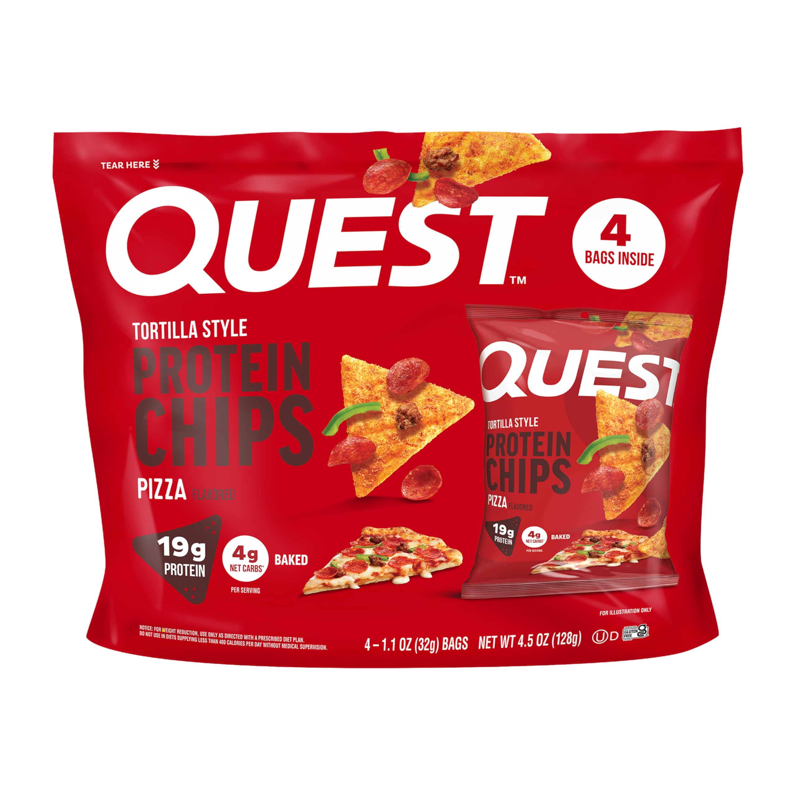Quest empaque frontal de Pizza Tortilla Style Protein Chips mostrando beneficios y porciones