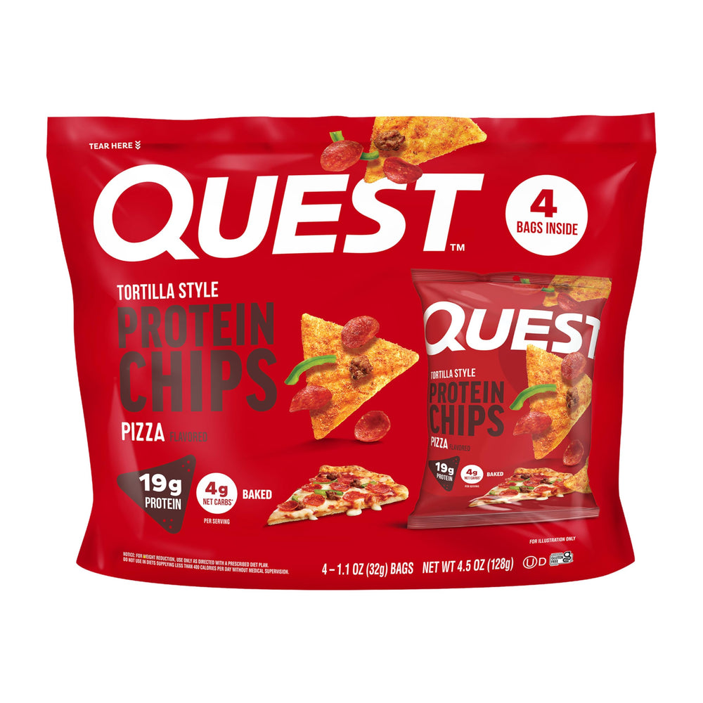 Quest empaque frontal de Pizza Tortilla Style Protein Chips mostrando beneficios y porciones