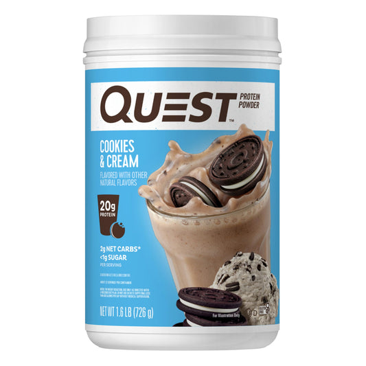 Quest frente del envase mostrando marca y sabor cookies & cream con información clara