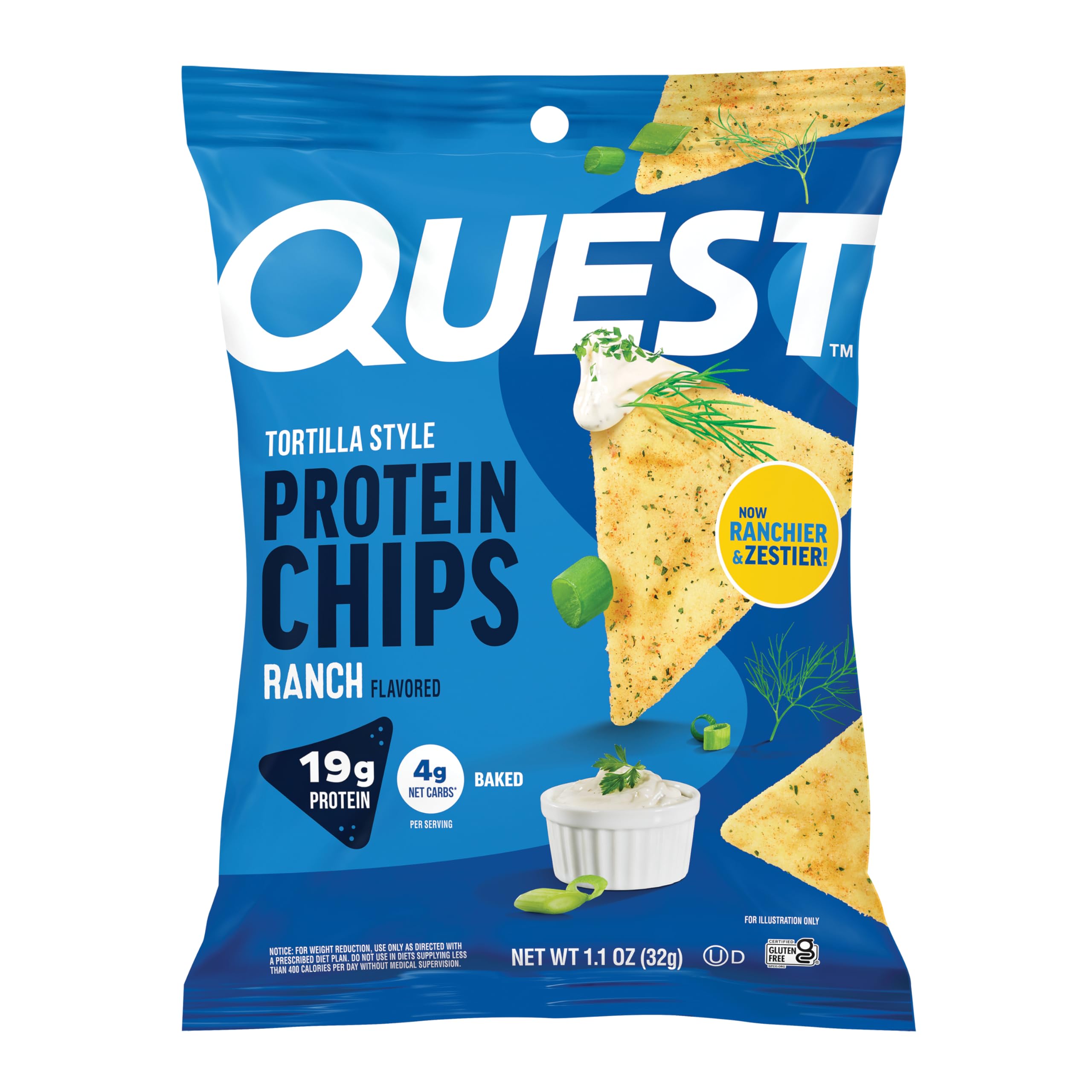 Quest caja frontal de chips ranch lista para llevar con porciones individuales y gran proteína
