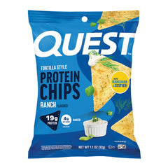 Quest caja frontal de chips ranch lista para llevar con porciones individuales y gran proteína