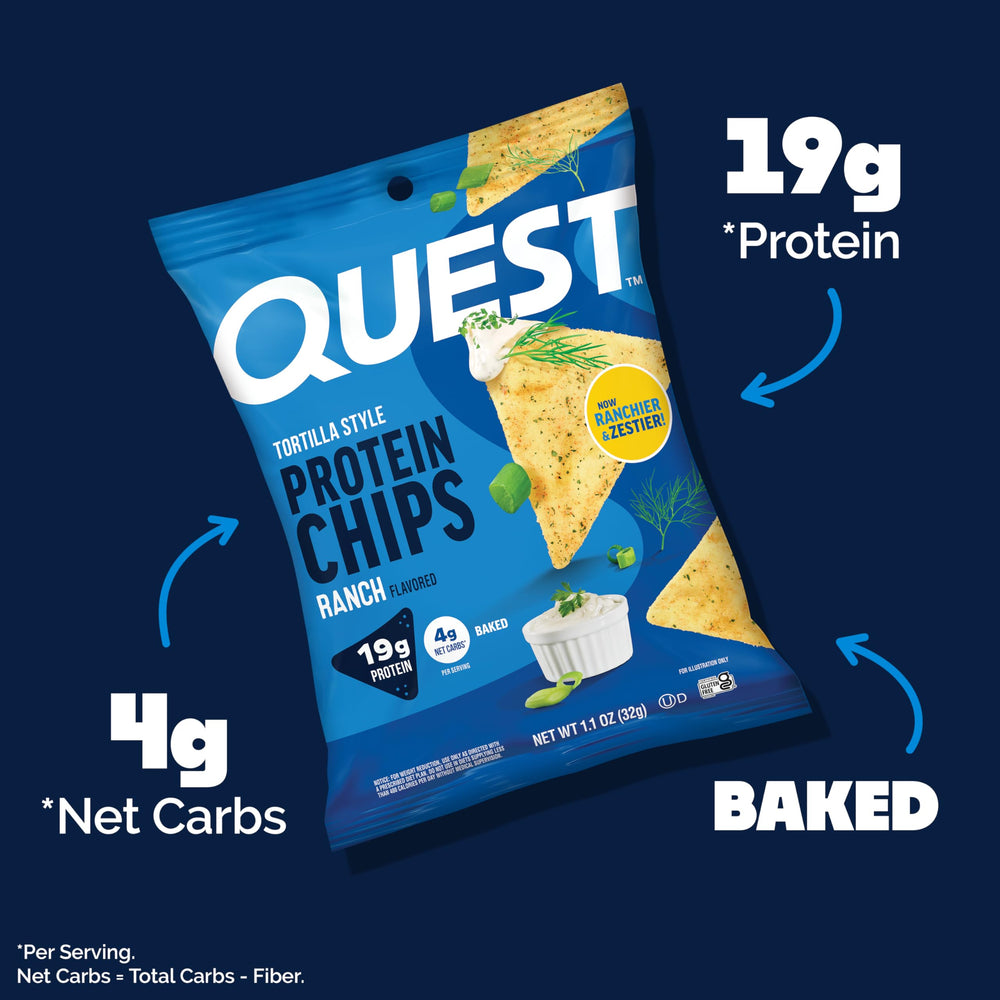 Quest primer plano de textura crujiente de la chip ranch que muestra el horneado y sabor