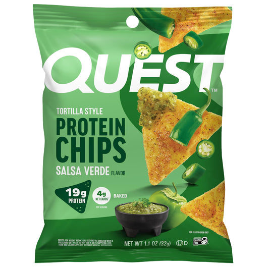 Quest paquete frontal verde mostrando sabor salsa verde y conveniencia
