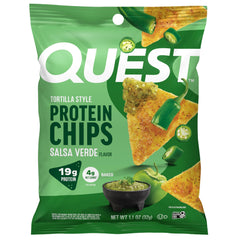 Quest paquete frontal verde mostrando sabor salsa verde y conveniencia