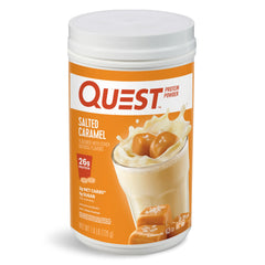 Quest envase frontal de Salted Caramel mostrando tamaño y marca, conveniencia