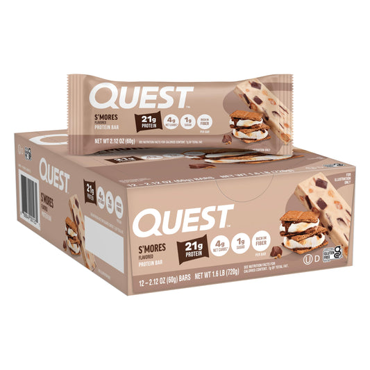 Quest empaque frontal mostrando 12 barritas y beneficios nutricionales