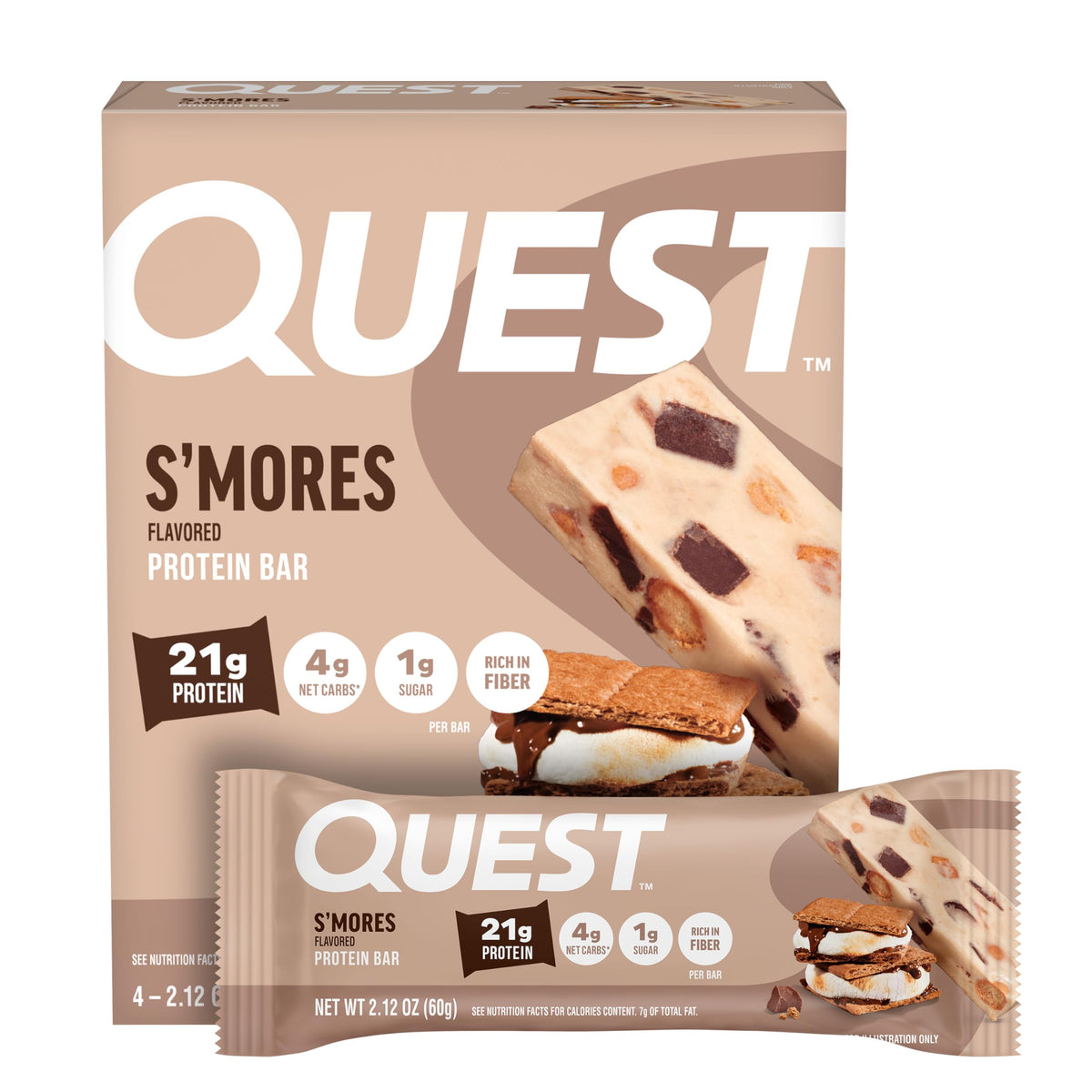 Quest S'mores vista frontal del empaque mostrando 4 barras y beneficios