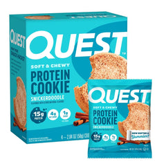 Quest galleta snickerdoodle frente del empaque mostrando cantidad y diseño