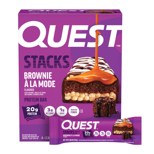 Quest Stacks frente del empaque mostrando caja de 4 barras y atractivo visual
