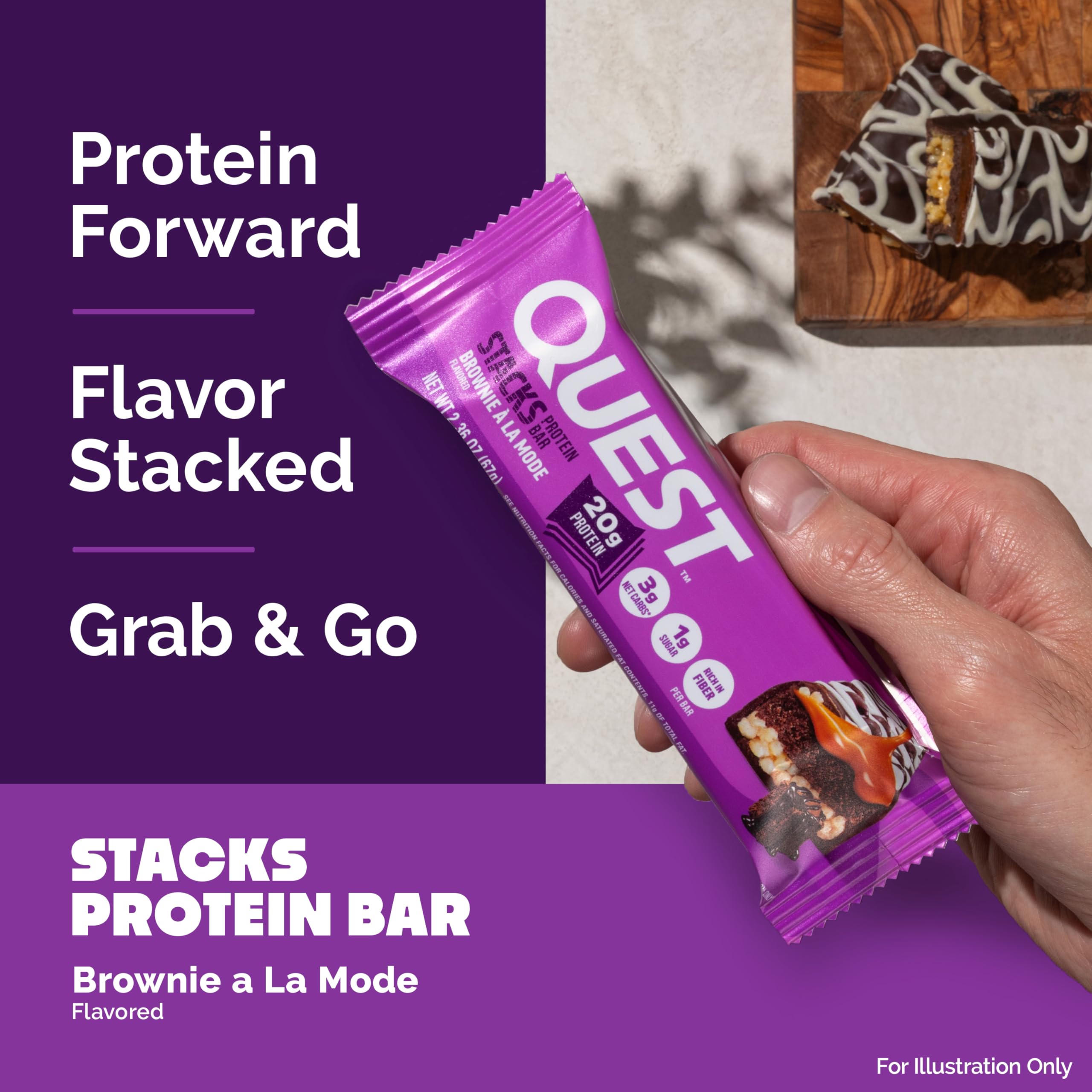 Quest Stacks detalle de cobertura y drizzle de chocolate que realza indulgencia