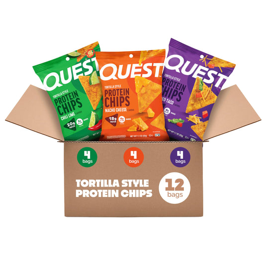 Quest empaque frontal mostrando variedad de sabores y beneficio proteico