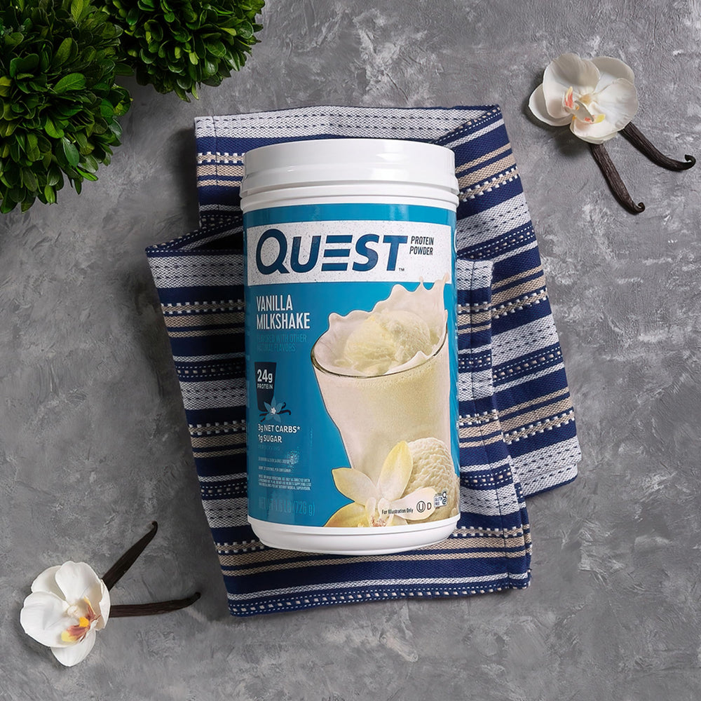 Quest etiqueta nutricional destacando 24g proteína por porción