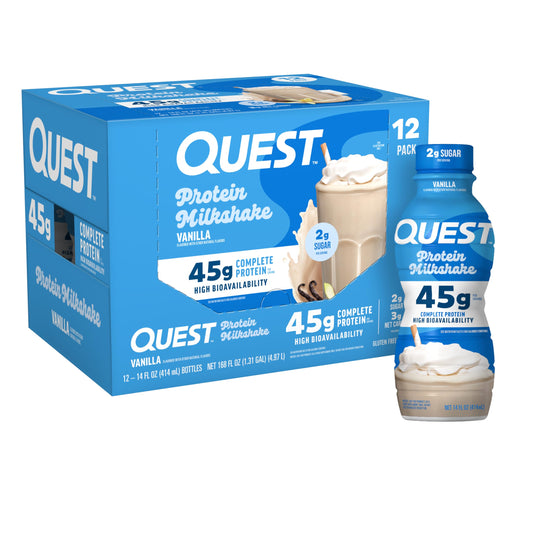 Quest botella frontal mostrando etiqueta y beneficio alto en proteína