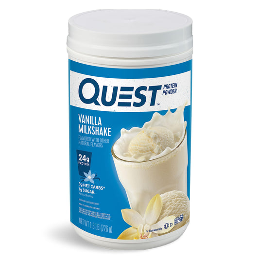 Quest envase frontal mostrando sabor vainilla y beneficios proteicos