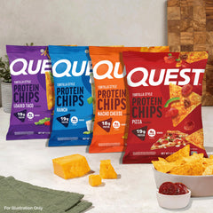 Presentación de las cuatro variedades Quest (Pizza, Loaded Taco, Nacho Cheese, Ranch) para elegir