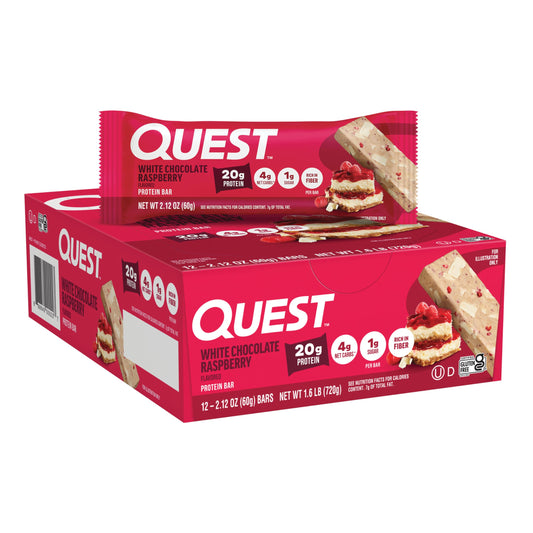 Quest frontal del empaque mostrando 12 barras, práctico para almacenamiento