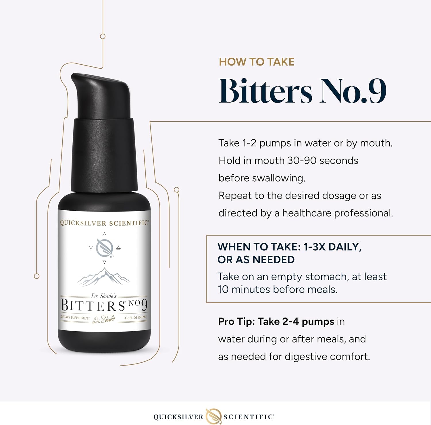 Quicksilver Dr. Shade's Bitters No. 9 sobre mesa con alimento, apoyo digestivo antes de comer