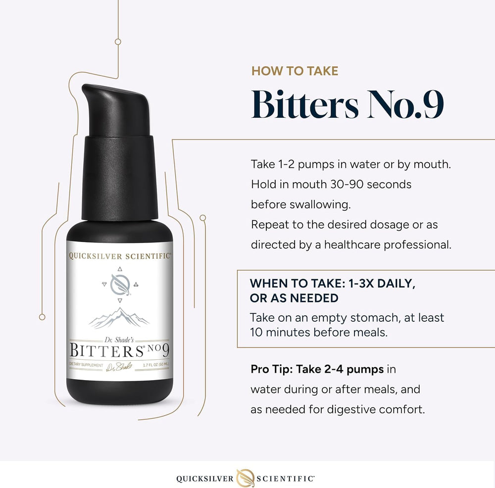 Quicksilver Dr. Shade's Bitters No. 9 sobre mesa con alimento, apoyo digestivo antes de comer