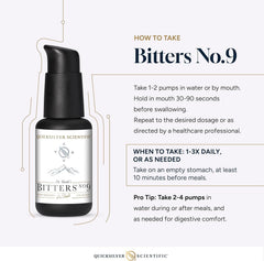 Quicksilver Dr. Shade's Bitters No. 9 sobre mesa con alimento, apoyo digestivo antes de comer