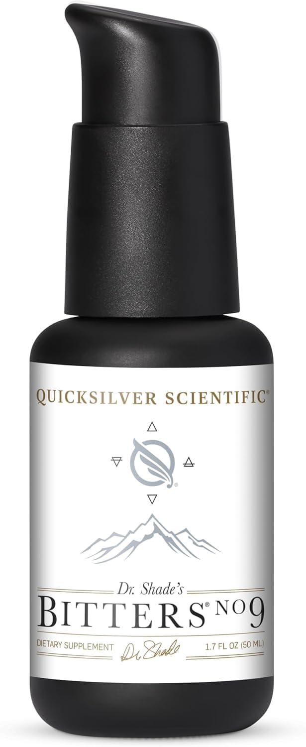 Quicksilver Dr. Shade's Bitters No. 9 vista frontal, etiqueta clara y formato práctico